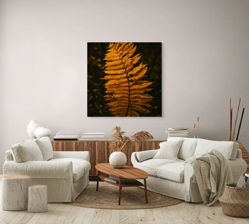 Tablou Canvas, "Frunza de ferigă în amurg", Frunză, Galben, Textură, Natură, Toamnă, Eleganță, 100 x 100 cm – poza 3
