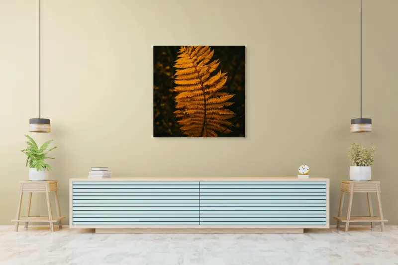 Tablou Canvas, "Frunza de ferigă în amurg", Frunză, Galben, Textură, Natură, Toamnă, Eleganță, 100 x 100 cm – poza 5