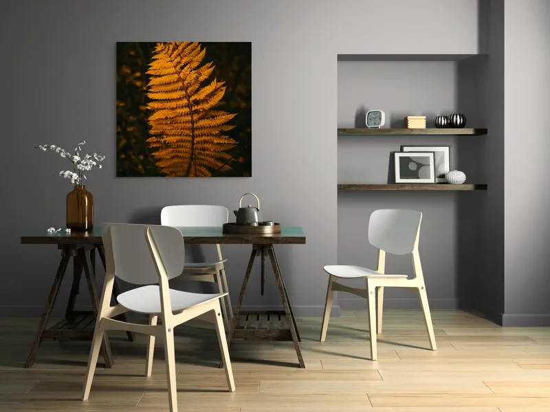 Tablou Canvas, "Frunza de ferigă în amurg", Frunză, Galben, Textură, Natură, Toamnă, Eleganță, 100 x 100 cm – poza 6