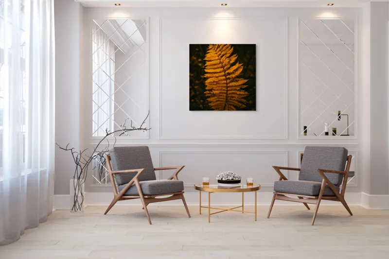 Tablou Canvas, "Frunza de ferigă în amurg", Frunză, Galben, Textură, Natură, Toamnă, Eleganță, 100 x 100 cm – poza 7