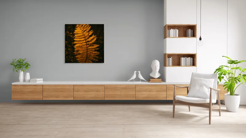 Tablou Canvas, "Frunza de ferigă în amurg", Frunză, Galben, Textură, Natură, Toamnă, Eleganță, 100 x 100 cm – poza 8