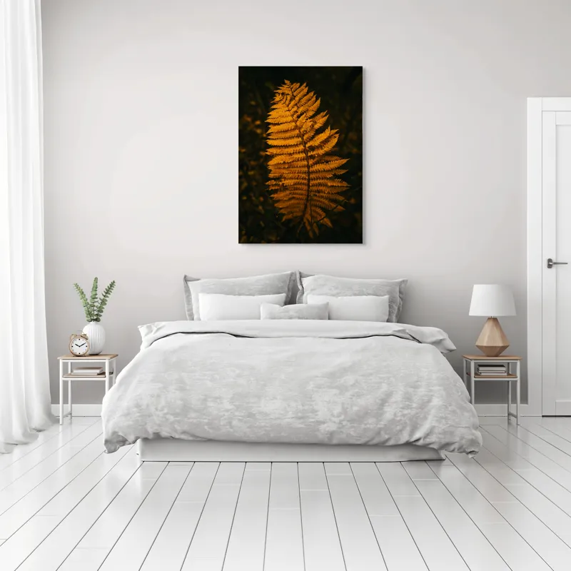 Tablou Canvas, "Frunza de ferigă în amurg", Frunză, Galben, Textură, Natură, Toamnă, Eleganță, 70 x 100 cm – poza 3