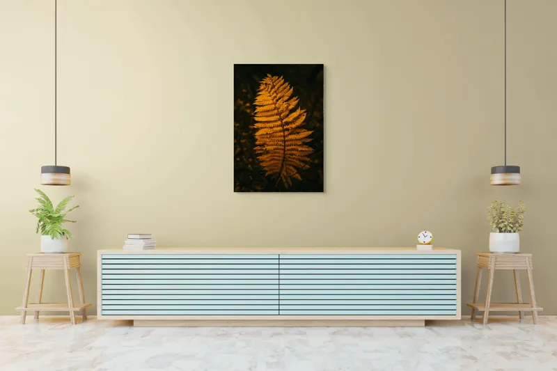 Tablou Canvas, "Frunza de ferigă în amurg", Frunză, Galben, Textură, Natură, Toamnă, Eleganță, 70 x 100 cm – poza 5