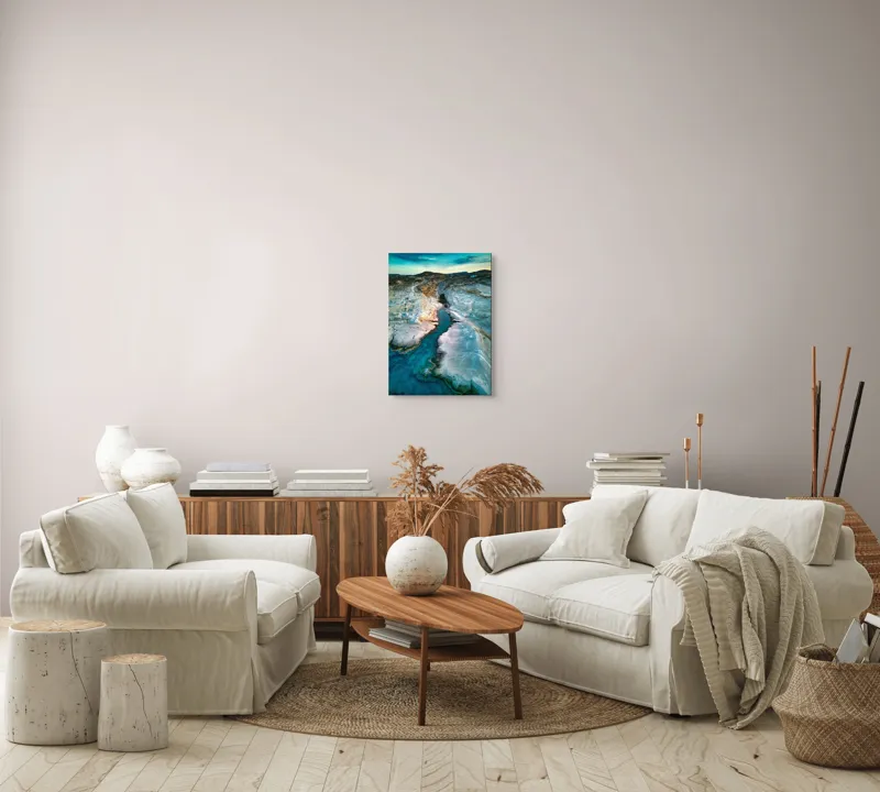 Tablou Canvas, "Canyonul albastru în lumina apusului", Erozionare, Stânci, Apă, Albastru, Cer, Relief, Peisaj, Natură, Lumină, Texturi, 39 x 54 cm – poza 5