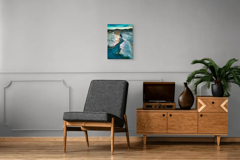 Tablou Canvas, "Canyonul albastru în lumina apusului", Erozionare, Stânci, Apă, Albastru, Cer, Relief, Peisaj, Natură, Lumină, Texturi, 39 x 54 cm – poza 8