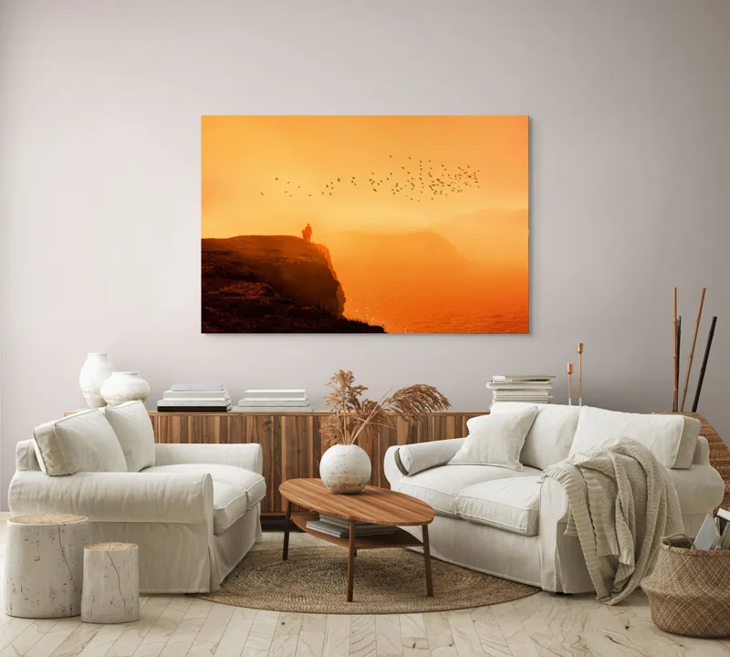 Tablou Canvas, "Omul și zborul păsărilor la apus", Mister, Lumină, Păsări, Apus, Siluetă, Ocean, Dramatic, Calm, Peisaj, 150 x 100 cm – poza 3