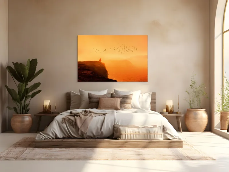 Tablou Canvas, "Omul și zborul păsărilor la apus", Mister, Lumină, Păsări, Apus, Siluetă, Ocean, Dramatic, Calm, Peisaj, 150 x 100 cm – poza 4