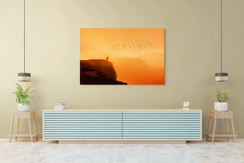 Tablou Canvas, "Omul și zborul păsărilor la apus", Mister, Lumină, Păsări, Apus, Siluetă, Ocean, Dramatic, Calm, Peisaj, 150 x 100 cm – poza 6