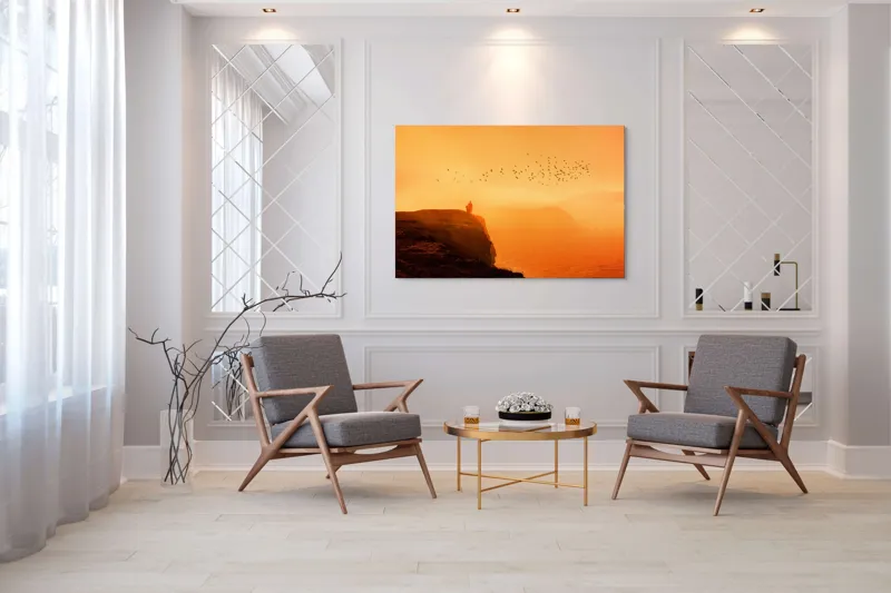 Tablou Canvas, "Omul și zborul păsărilor la apus", Mister, Lumină, Păsări, Apus, Siluetă, Ocean, Dramatic, Calm, Peisaj, 150 x 100 cm – poza 7