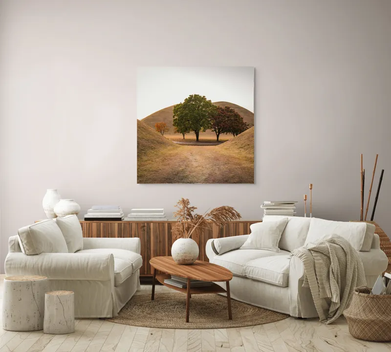 Tablou Canvas, "Între tăcerea dealurilor toamnei", Apus, Dealuri, Copaci, Cărare, Peisaj, Serenitate, Natură, Orizont, Culori, Tihnă, 100 x 100 cm – poza 3