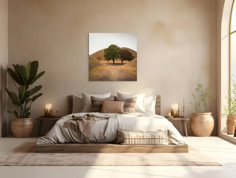 Tablou Canvas, "Între tăcerea dealurilor toamnei", Apus, Dealuri, Copaci, Cărare, Peisaj, Serenitate, Natură, Orizont, Culori, Tihnă, 100 x 100 cm – poza 4