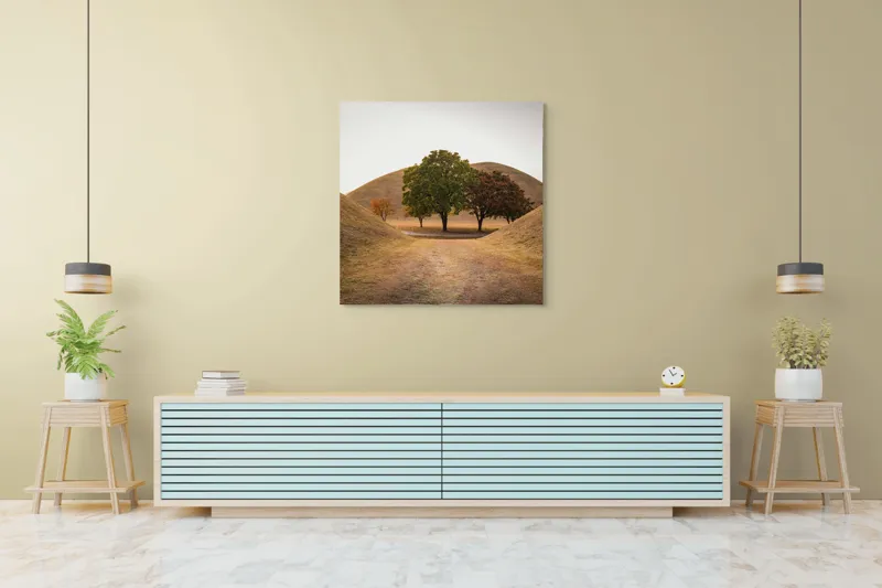 Tablou Canvas, "Între tăcerea dealurilor toamnei", Apus, Dealuri, Copaci, Cărare, Peisaj, Serenitate, Natură, Orizont, Culori, Tihnă, 100 x 100 cm – poza 5
