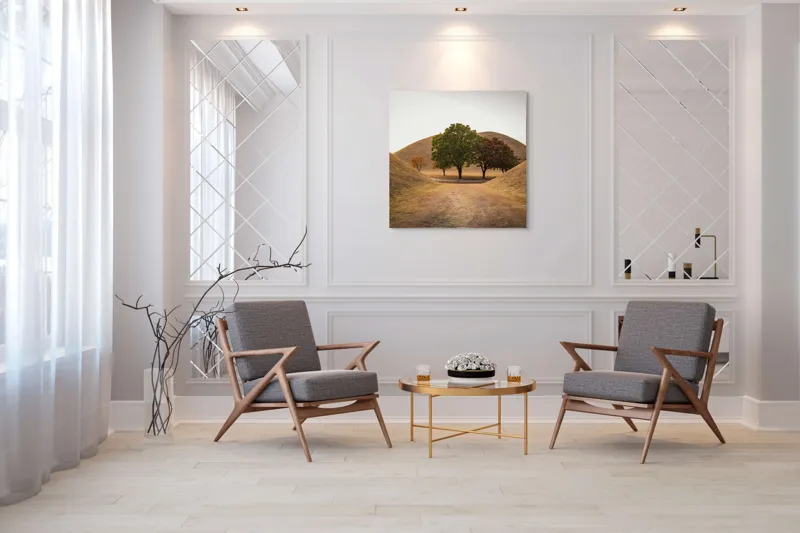 Tablou Canvas, "Între tăcerea dealurilor toamnei", Apus, Dealuri, Copaci, Cărare, Peisaj, Serenitate, Natură, Orizont, Culori, Tihnă, 100 x 100 cm – poza 7