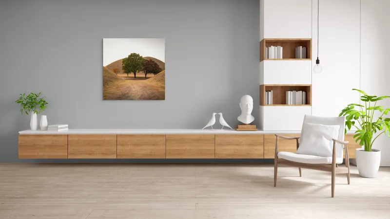 Tablou Canvas, "Între tăcerea dealurilor toamnei", Apus, Dealuri, Copaci, Cărare, Peisaj, Serenitate, Natură, Orizont, Culori, Tihnă, 100 x 100 cm – poza 8