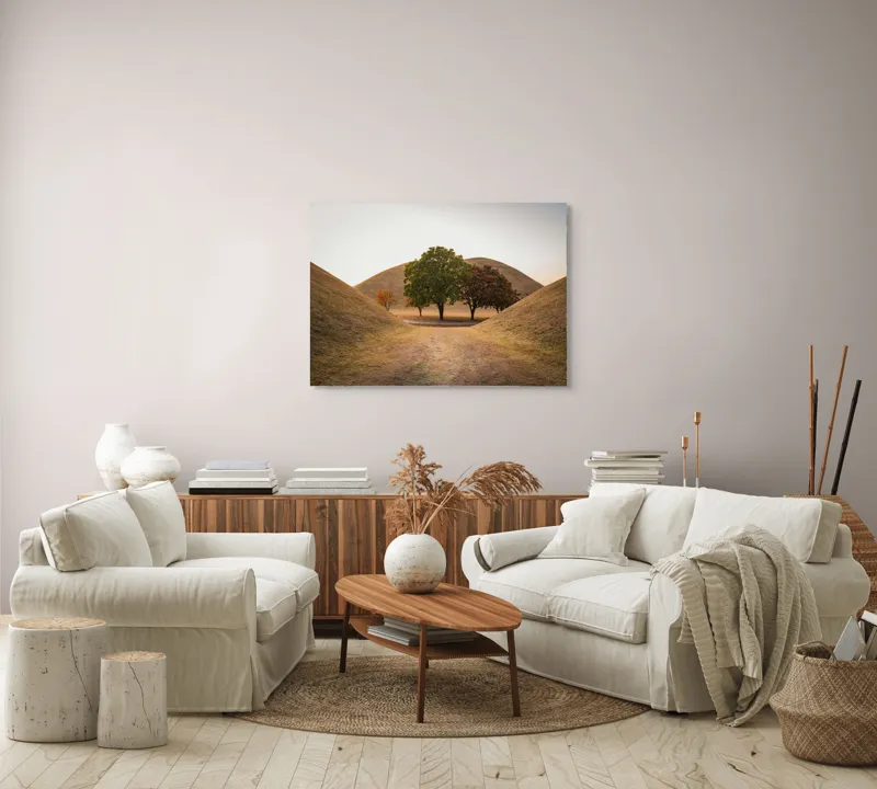 Tablou Canvas, "Între tăcerea dealurilor toamnei", Apus, Dealuri, Copaci, Cărare, Peisaj, Serenitate, Natură, Orizont, Culori, Tihnă, 100 x 70 cm – poza 3