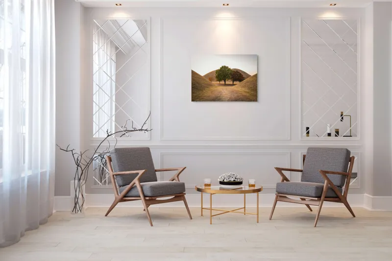 Tablou Canvas, "Între tăcerea dealurilor toamnei", Apus, Dealuri, Copaci, Cărare, Peisaj, Serenitate, Natură, Orizont, Culori, Tihnă, 100 x 70 cm – poza 5