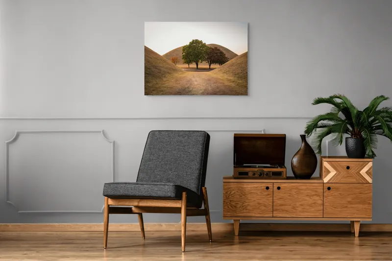 Tablou Canvas, "Între tăcerea dealurilor toamnei", Apus, Dealuri, Copaci, Cărare, Peisaj, Serenitate, Natură, Orizont, Culori, Tihnă, 100 x 70 cm – poza 8