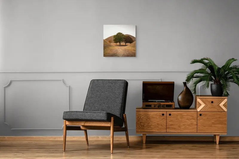 Tablou Canvas, "Între tăcerea dealurilor toamnei", Apus, Dealuri, Copaci, Cărare, Peisaj, Serenitate, Natură, Orizont, Culori, Tihnă, 50 x 50 cm – poza 6