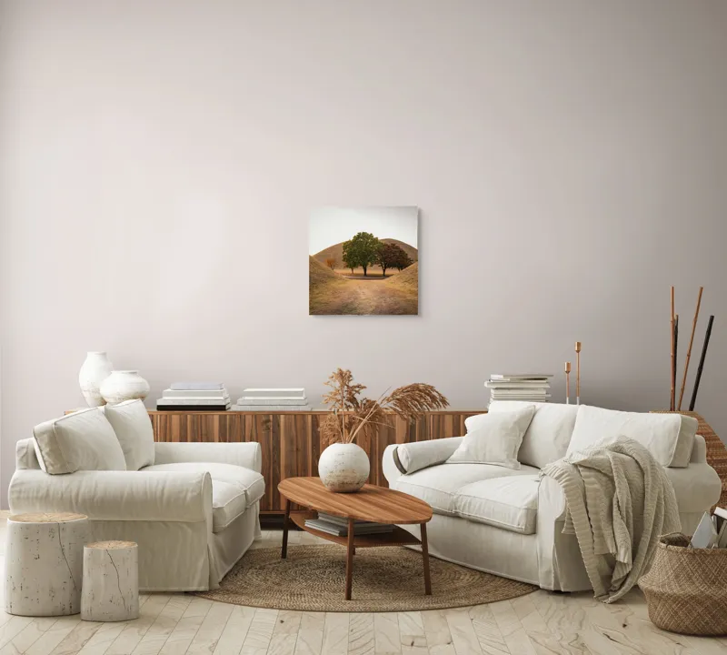 Tablou Canvas, "Între tăcerea dealurilor toamnei", Apus, Dealuri, Copaci, Cărare, Peisaj, Serenitate, Natură, Orizont, Culori, Tihnă, 50 x 50 cm – poza 7