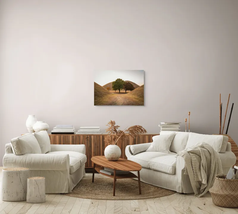 Tablou Canvas, "Între tăcerea dealurilor toamnei", Apus, Dealuri, Copaci, Cărare, Peisaj, Serenitate, Natură, Orizont, Culori, Tihnă, 70 x 50 cm – poza 6