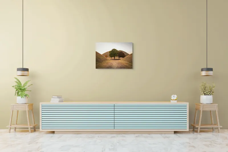 Tablou Canvas, "Între tăcerea dealurilor toamnei", Apus, Dealuri, Copaci, Cărare, Peisaj, Serenitate, Natură, Orizont, Culori, Tihnă, 70 x 50 cm – poza 7