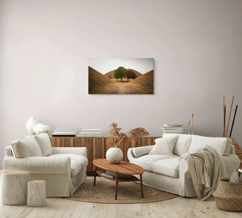Tablou Canvas, "Între tăcerea dealurilor toamnei", Apus, Dealuri, Copaci, Cărare, Peisaj, Serenitate, Natură, Orizont, Culori, Tihnă, 90 x 50 cm – poza 4