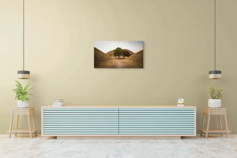 Tablou Canvas, "Între tăcerea dealurilor toamnei", Apus, Dealuri, Copaci, Cărare, Peisaj, Serenitate, Natură, Orizont, Culori, Tihnă, 90 x 50 cm – poza 5