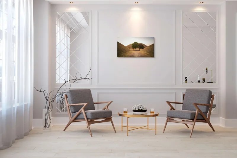 Tablou Canvas, "Între tăcerea dealurilor toamnei", Apus, Dealuri, Copaci, Cărare, Peisaj, Serenitate, Natură, Orizont, Culori, Tihnă, 90 x 50 cm – poza 7
