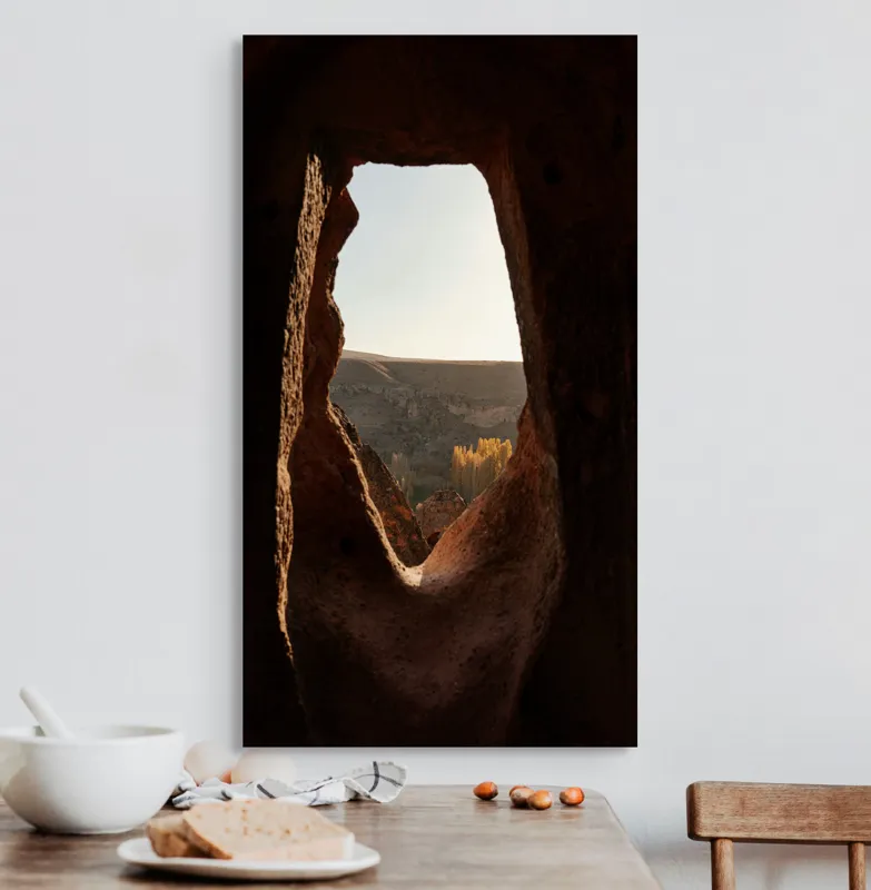 Tablou Canvas, "Poarta spre peisajul de toamnă", Umbre, Cer, Stâncă, Natură, Peisaj, Fereastră, Privire., 50 x 90 cm – poza 3