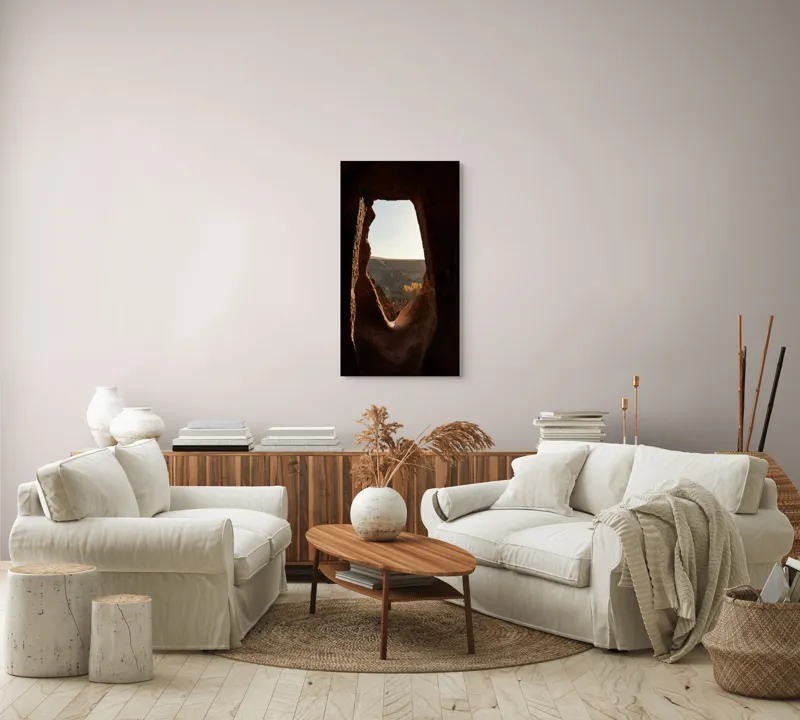 Tablou Canvas, "Poarta spre peisajul de toamnă", Umbre, Cer, Stâncă, Natură, Peisaj, Fereastră, Privire., 50 x 90 cm – poza 7
