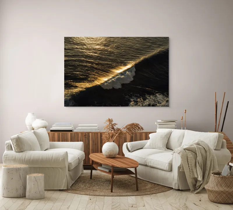 Tablou Canvas, "Valuri aurii la apusul soarelui", Aur, Valuri, Reflexie, Mare, Lumină, Apus, Spumă, Ocean, Calm, Strălucire, 150 x 100 cm – poza 3