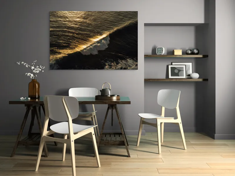 Tablou Canvas, "Valuri aurii la apusul soarelui", Aur, Valuri, Reflexie, Mare, Lumină, Apus, Spumă, Ocean, Calm, Strălucire, 150 x 100 cm – poza 5
