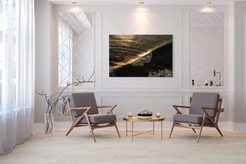 Tablou Canvas, "Valuri aurii la apusul soarelui", Aur, Valuri, Reflexie, Mare, Lumină, Apus, Spumă, Ocean, Calm, Strălucire, 150 x 100 cm – poza 7