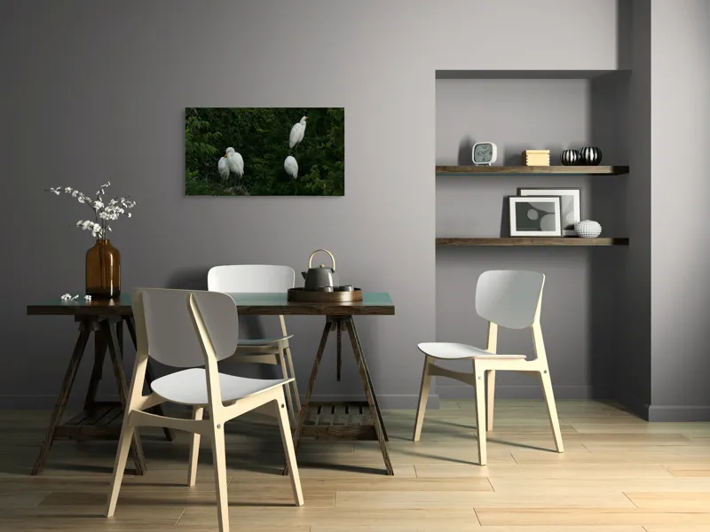 Tablou Canvas, "Egreturile odihnindu-se în verdeață luxuriantă", Egrete, Frunziș, Liniște, Natural, Verde, Armonie, Serenitate, Păsări., 90 x 50 cm – poza 3