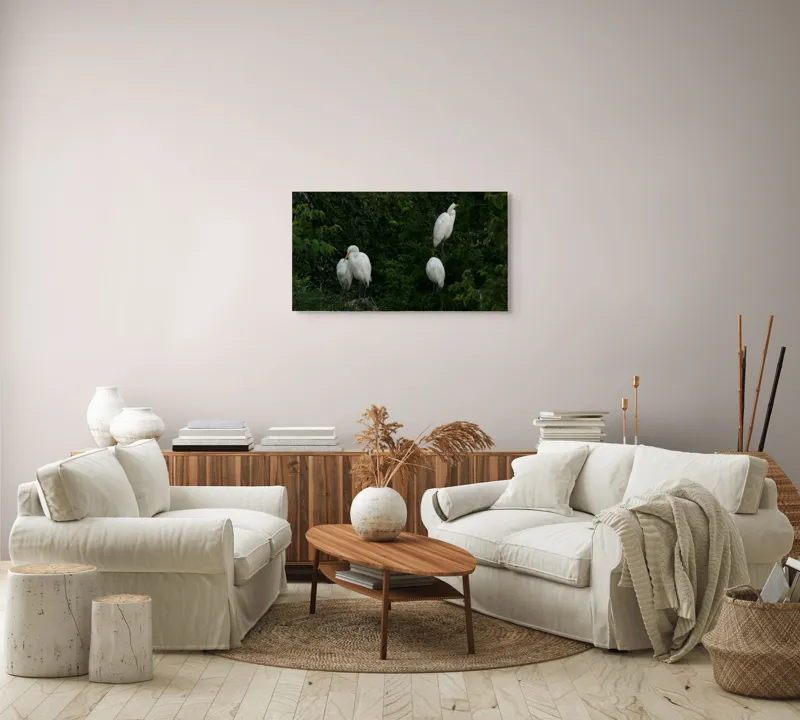 Tablou Canvas, "Egreturile odihnindu-se în verdeață luxuriantă", Egrete, Frunziș, Liniște, Natural, Verde, Armonie, Serenitate, Păsări., 90 x 50 cm – poza 4