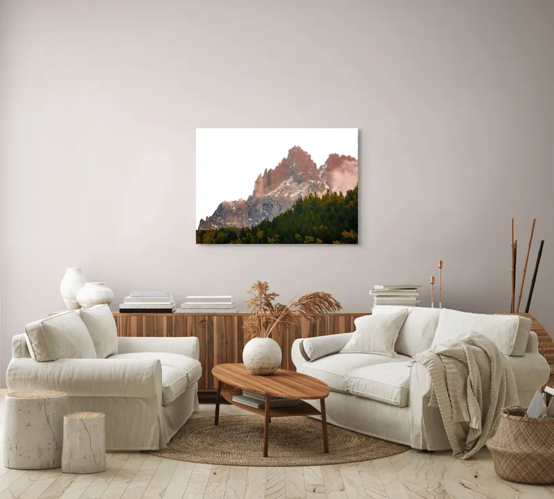 Tablou Canvas, "Muntele învăluit de ceață misterioasă", Munte, Pădure, Ceață, Roci, Cer, Vegetație, Peisaj, Alpin, Natura, Răsărit, 100 x 70 cm – poza 3