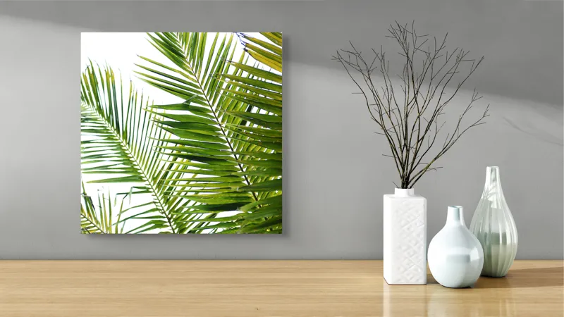 Tablou Canvas, "Frunzișul dansând în lumina soarelui", Frunze, Palmier, Verde, Luminos, Cer, Vibrant, Tropical, Soare, Natură, Relaxare, 50 x 50 cm – poza 3
