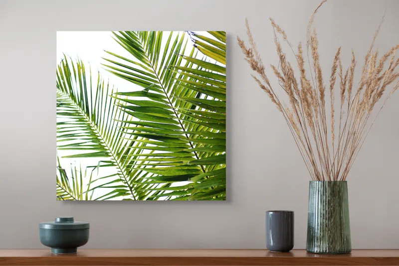Tablou Canvas, "Frunzișul dansând în lumina soarelui", Frunze, Palmier, Verde, Luminos, Cer, Vibrant, Tropical, Soare, Natură, Relaxare, 50 x 50 cm – poza 4