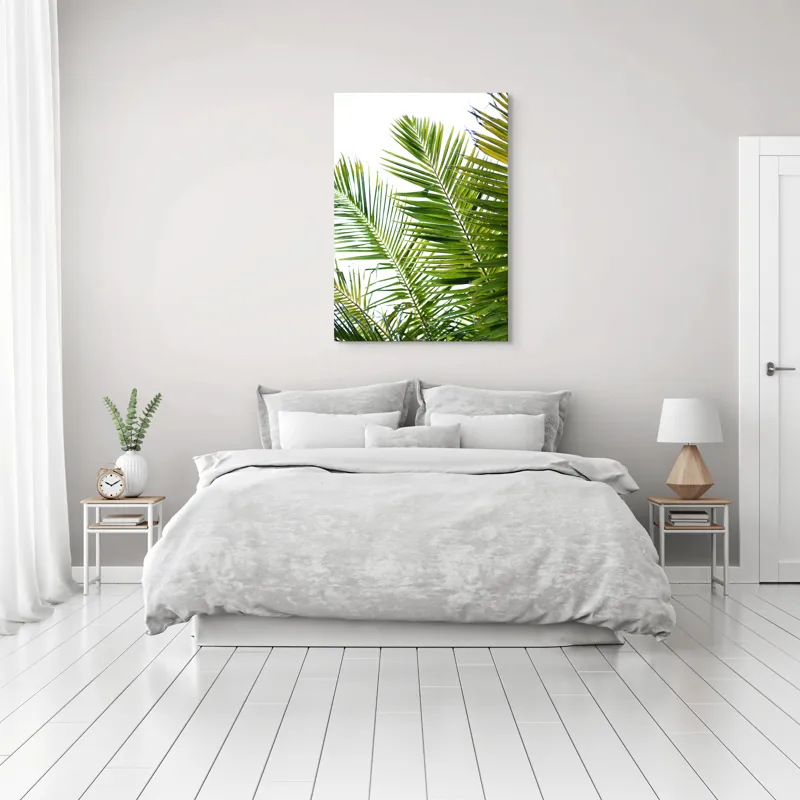 Tablou Canvas, "Frunzișul dansând în lumina soarelui", Frunze, Palmier, Verde, Luminos, Cer, Vibrant, Tropical, Soare, Natură, Relaxare, 70 x 100 cm – poza 3