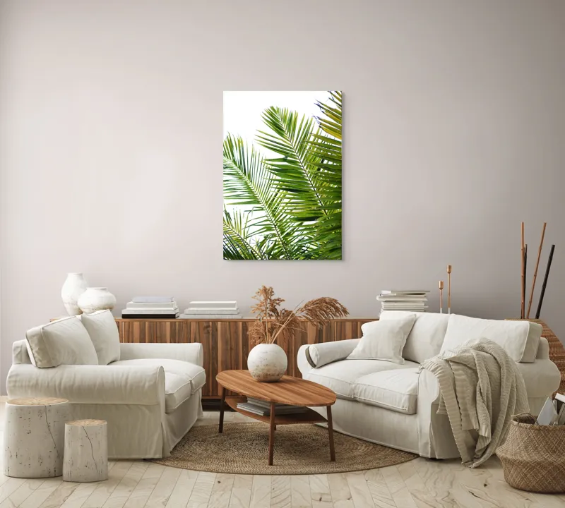 Tablou Canvas, "Frunzișul dansând în lumina soarelui", Frunze, Palmier, Verde, Luminos, Cer, Vibrant, Tropical, Soare, Natură, Relaxare, 70 x 100 cm – poza 4