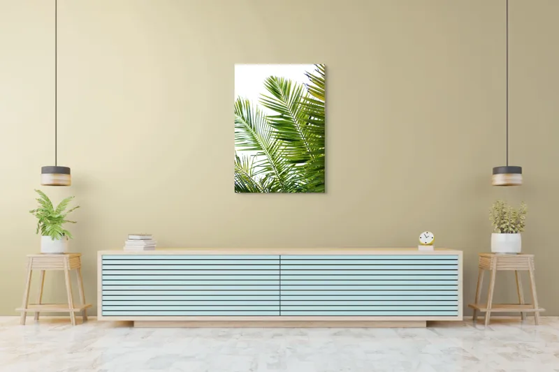Tablou Canvas, "Frunzișul dansând în lumina soarelui", Frunze, Palmier, Verde, Luminos, Cer, Vibrant, Tropical, Soare, Natură, Relaxare, 70 x 100 cm – poza 5