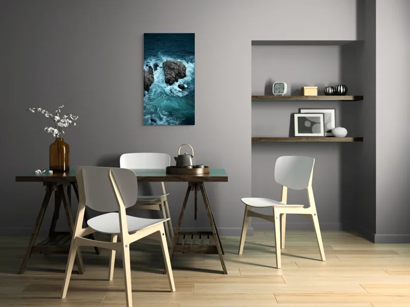 Tablou Canvas, "Valurile îmbrățișând stâncile sălbatice", Vâluri, Stânci, Albastru, Spumă, Ocean, Natură, Ploaie, Apă, Înfiorător, Liniște, 50 x 90 cm – poza 4