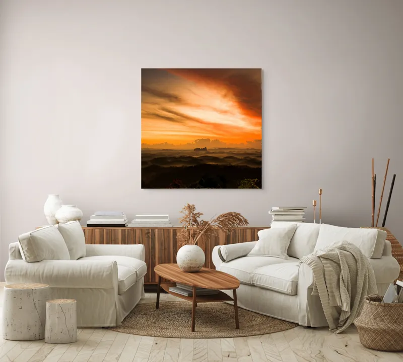 Tablou Canvas, "Răsărit fermecător peste dealuri verzi", Apus, Nori, Cer, Peisaj, Siluete, Lumină, Natură, Culori, Pădure, Munți, 100 x 100 cm – poza 3