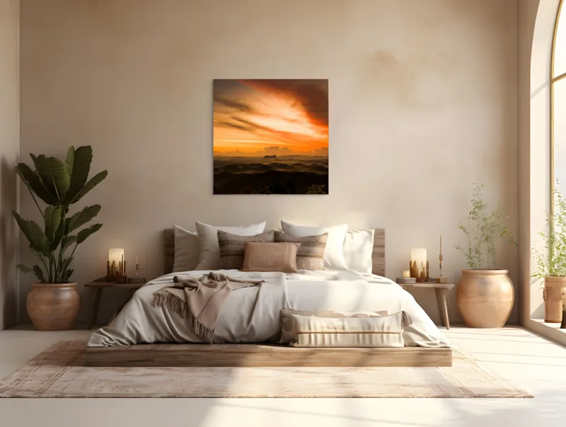 Tablou Canvas, "Răsărit fermecător peste dealuri verzi", Apus, Nori, Cer, Peisaj, Siluete, Lumină, Natură, Culori, Pădure, Munți, 100 x 100 cm – poza 4