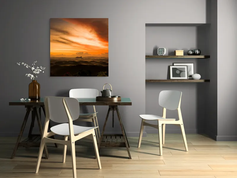 Tablou Canvas, "Răsărit fermecător peste dealuri verzi", Apus, Nori, Cer, Peisaj, Siluete, Lumină, Natură, Culori, Pădure, Munți, 100 x 100 cm – poza 6