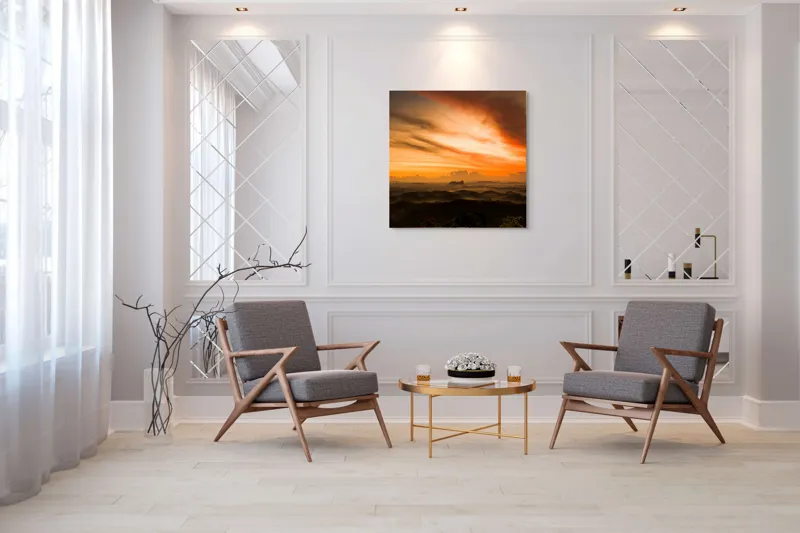 Tablou Canvas, "Răsărit fermecător peste dealuri verzi", Apus, Nori, Cer, Peisaj, Siluete, Lumină, Natură, Culori, Pădure, Munți, 100 x 100 cm – poza 7