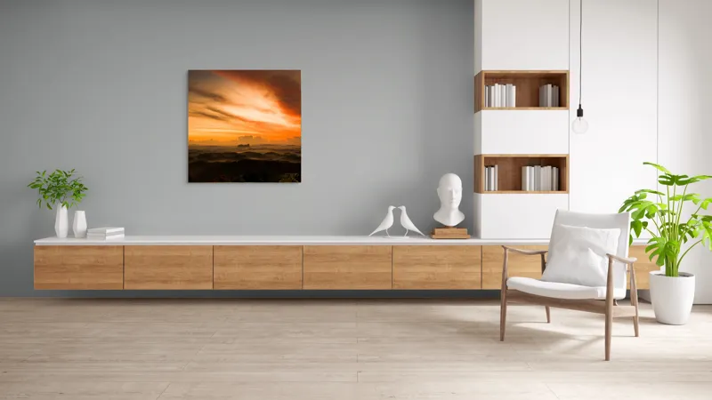 Tablou Canvas, "Răsărit fermecător peste dealuri verzi", Apus, Nori, Cer, Peisaj, Siluete, Lumină, Natură, Culori, Pădure, Munți, 100 x 100 cm – poza 8