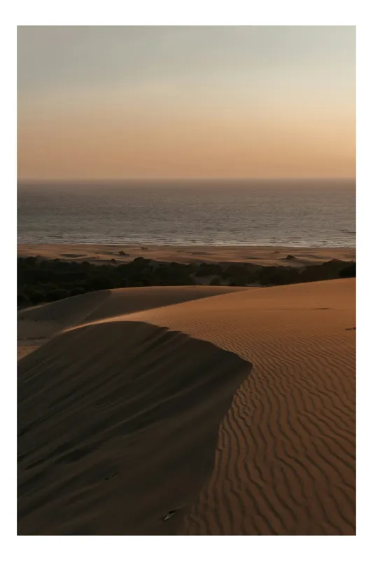 Tablou Canvas, "Dune aurii la apus de soare", Nisip, Dune, Apus, Ocean, Valuri, Cer, Orizont, Tăcere, 39 x 54 cm