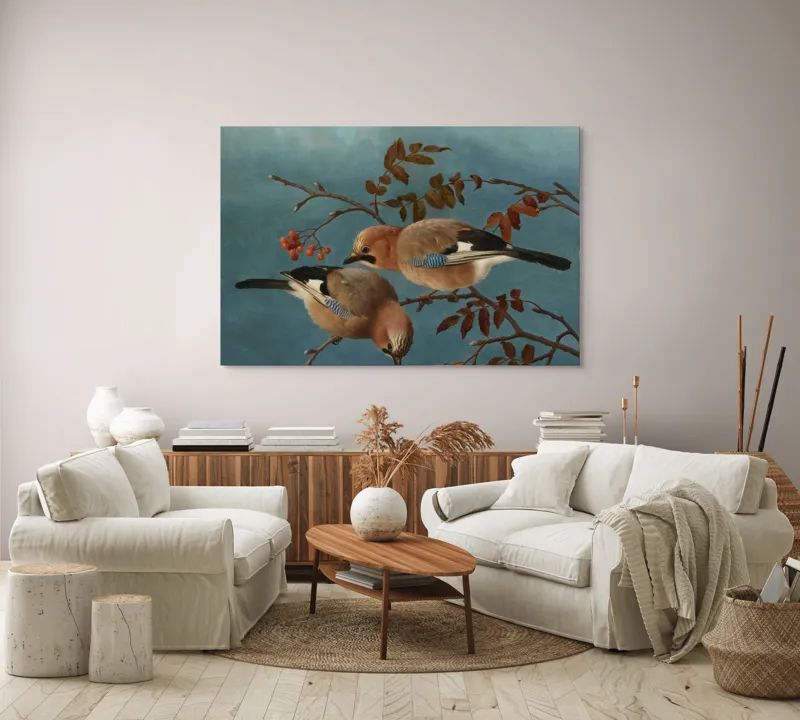 Tablou Canvas, "Două păsări pe ramuri toamna", Pene, Cuib, Vrej, Frunze, Cer, Pasari, Ramuri, Rosu, Albastru, Finete, 150 x 100 cm – poza 3
