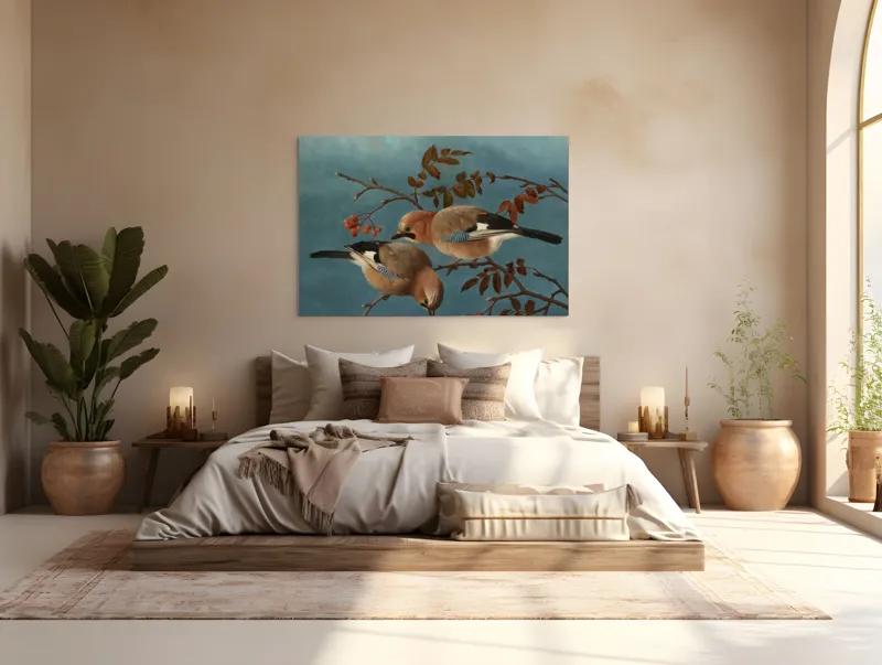 Tablou Canvas, "Două păsări pe ramuri toamna", Pene, Cuib, Vrej, Frunze, Cer, Pasari, Ramuri, Rosu, Albastru, Finete, 150 x 100 cm – poza 4